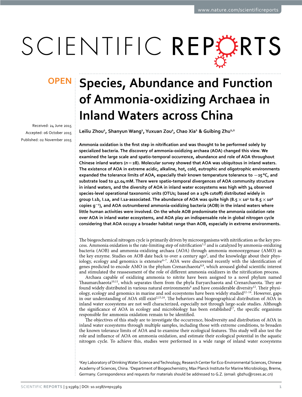 Species, Abundance and Function of Ammonia-Oxidizing Archaea in Inland Waters Across China