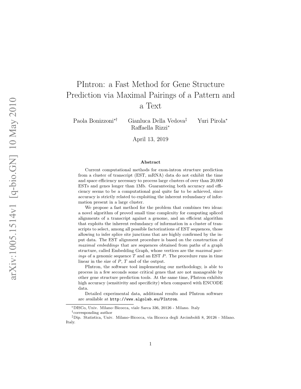 Pintron: a Fast Method for Gene Structure Prediction Via Maximal Pairings of a Pattern and a Text