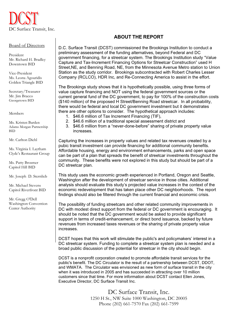 Value Capture and Tax Increment Financing Options for Streetcar