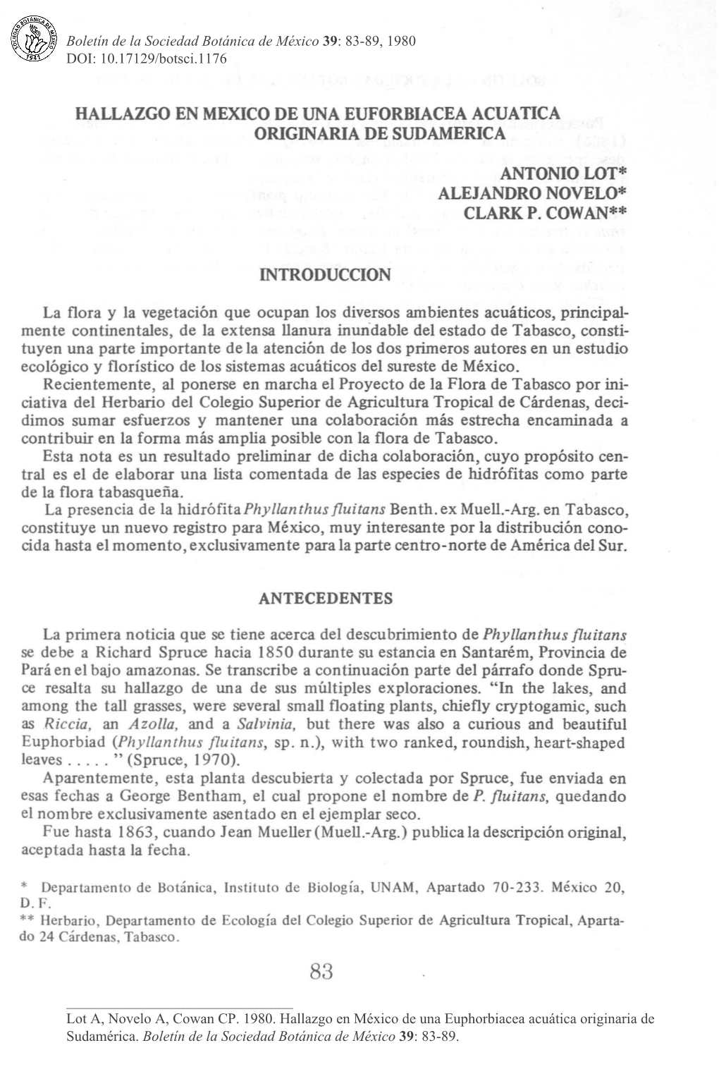 Hallazgo En Mexico De Una Euforbiacea Acuatica Originaria De Sudamerica