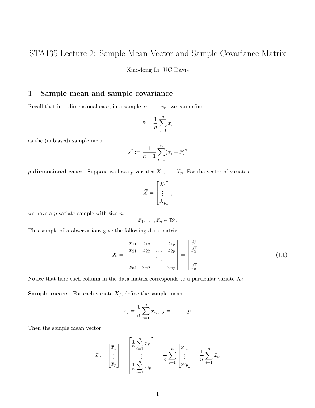 Sample Mean Vector and Sample Covariance Matrix