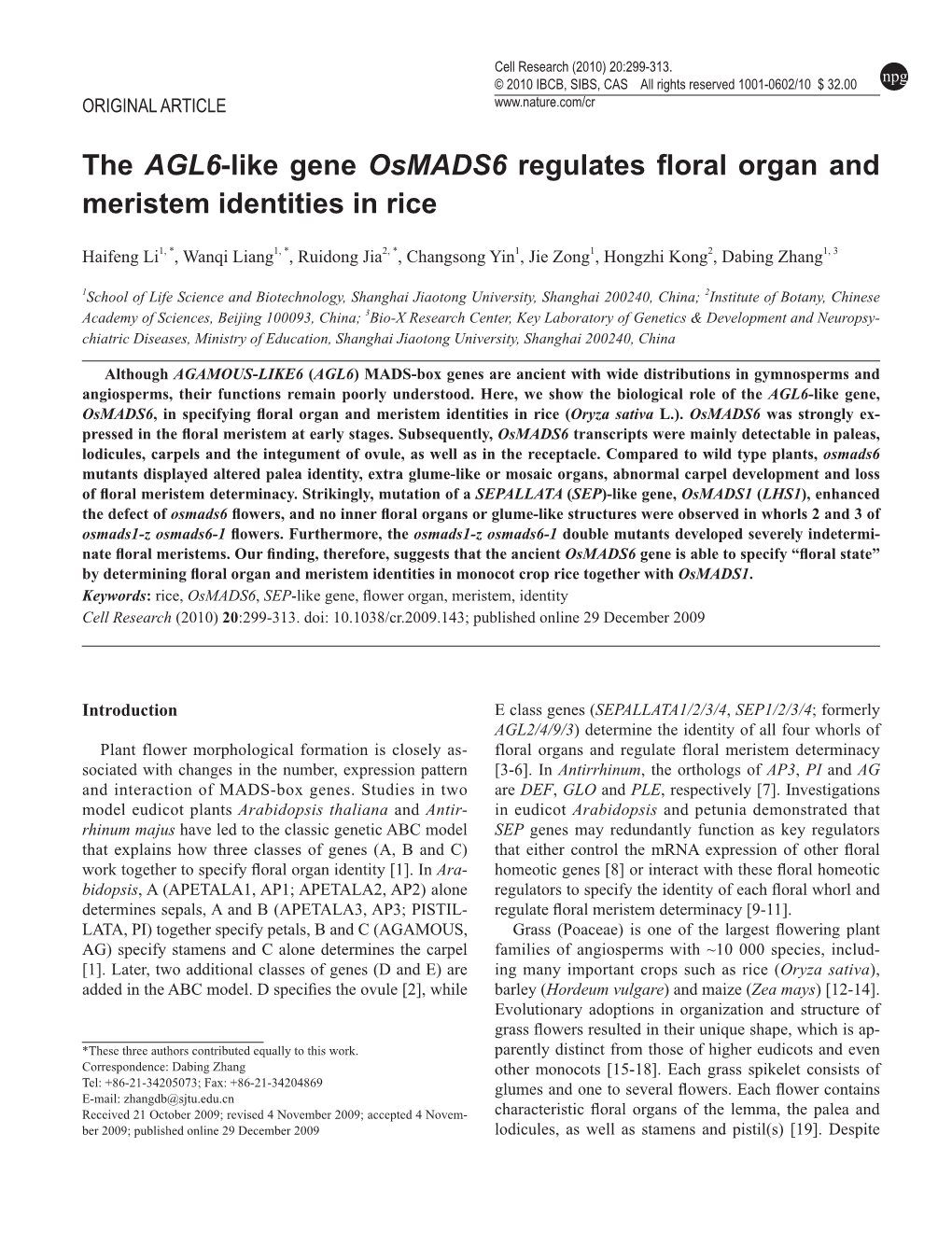 The AGL6-Like Gene Osmads6 Regulates Floral Organ and Meristem Identities in Rice