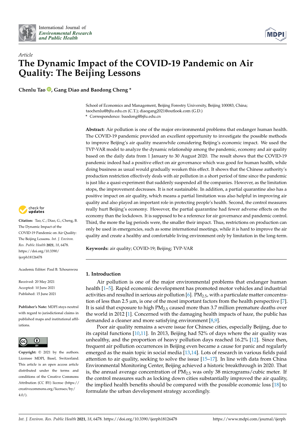 The Dynamic Impact of the COVID-19 Pandemic on Air Quality: the Beijing Lessons