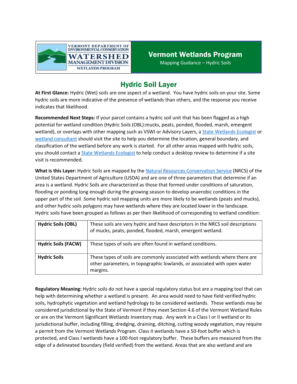 Hydric Soil Layer Vermont Wetlands Program