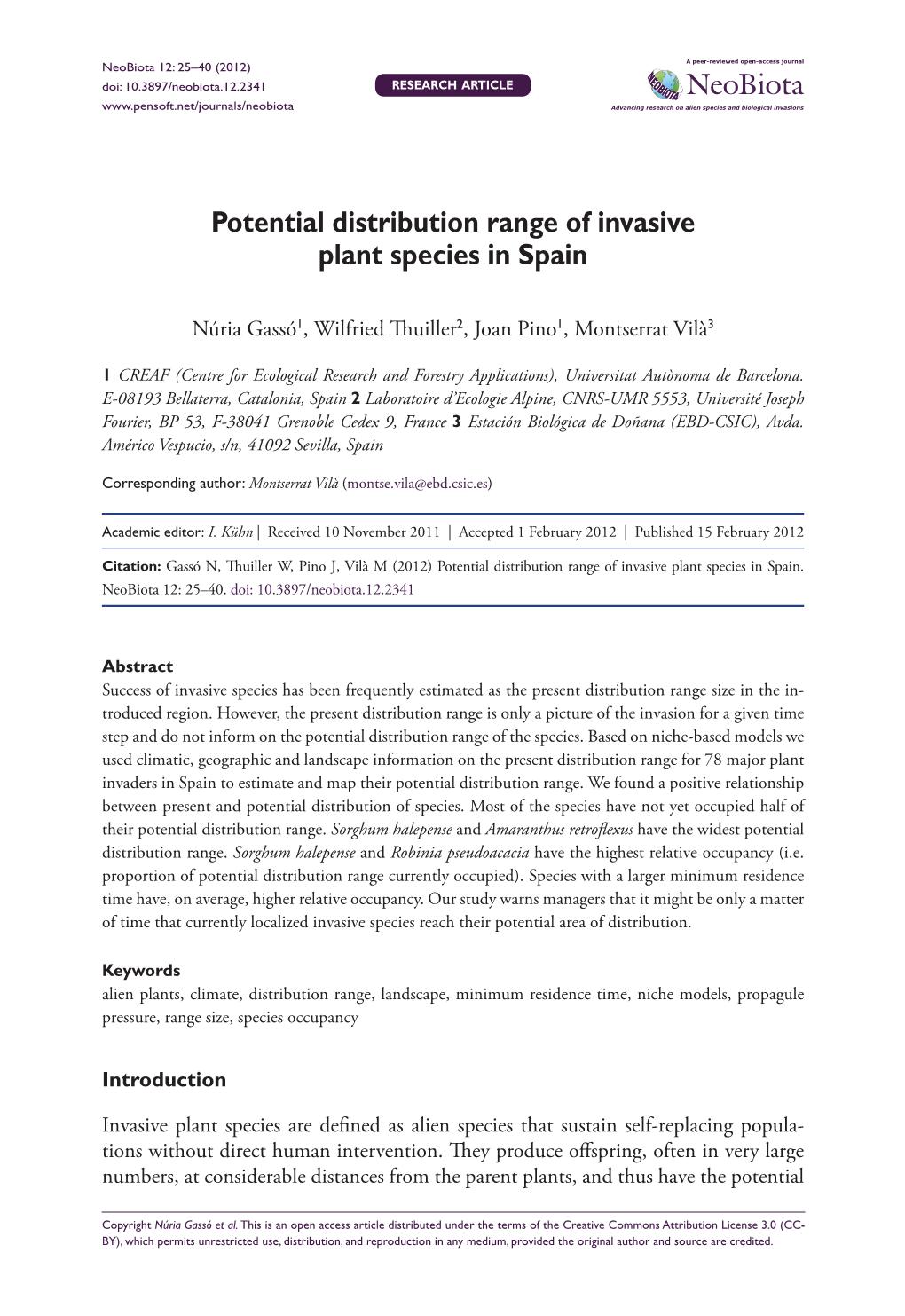 Potential Distribution Range of Invasive Plant Species in Spain