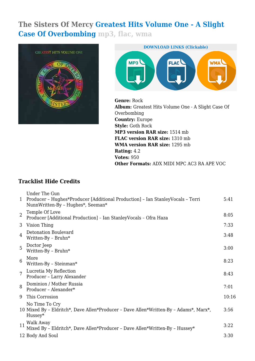 The Sisters of Mercy Greatest Hits Volume One - a Slight Case of Overbombing Mp3, Flac, Wma