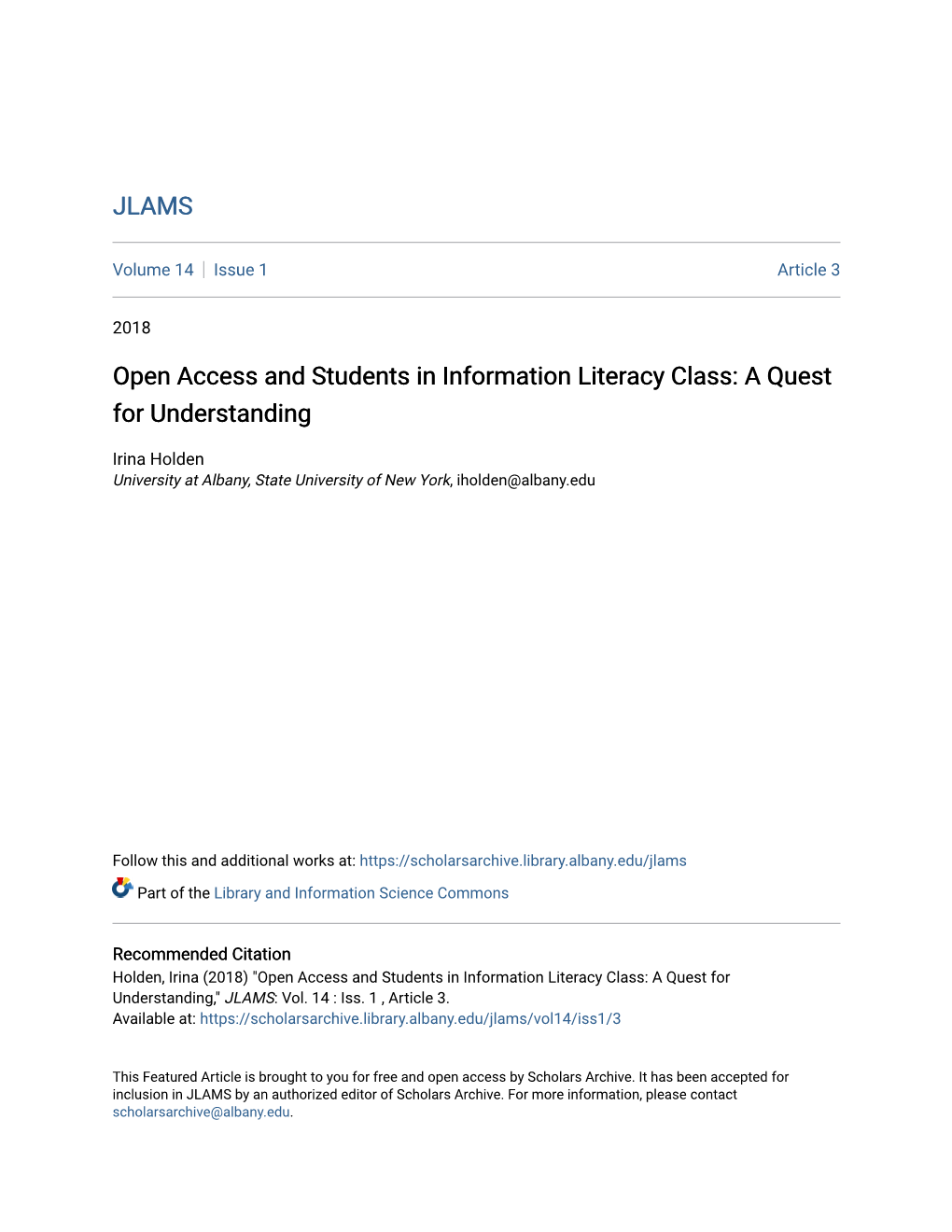 Open Access and Students in Information Literacy Class: a Quest for Understanding