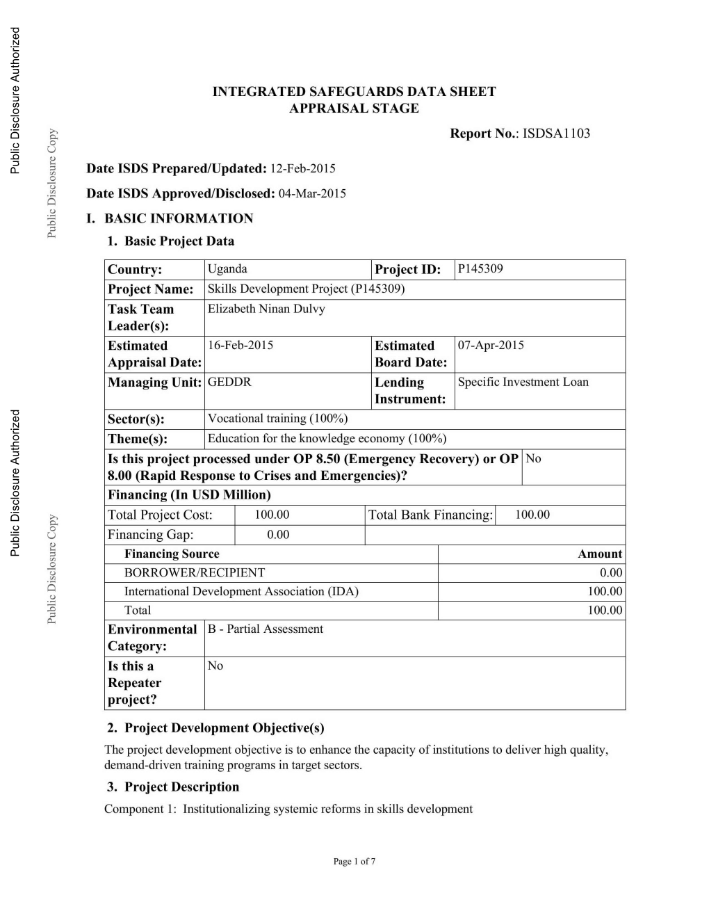 Date ISDS Prepared/Updated: 12-Feb-2015 O Date ISDS Approved/Disclosed: 04-Mar-2015 I