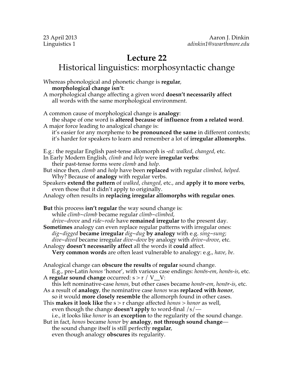 Lecture 22 Historical Linguistics: Morphosyntactic Change