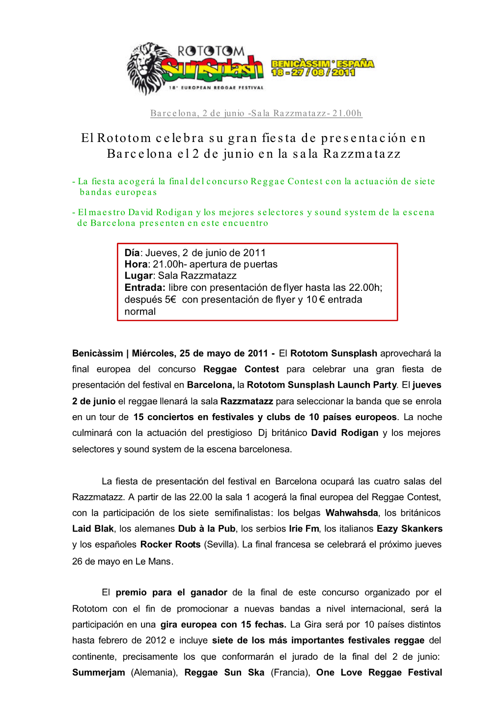 El Rototom Celebra Su Gran Fiesta De Presentación En Barcelona El 2 De Junio En La Sala Razzmatazz