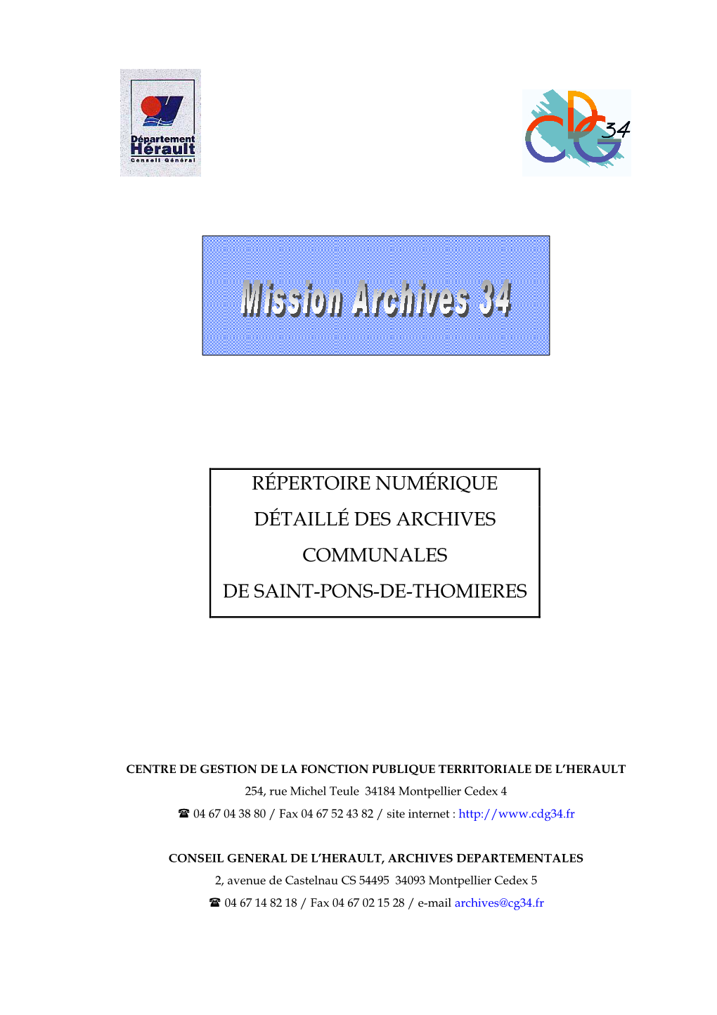 Répertoire Numérique Détaillé Des Archives Communales De Saint-Pons-De-Thomieres