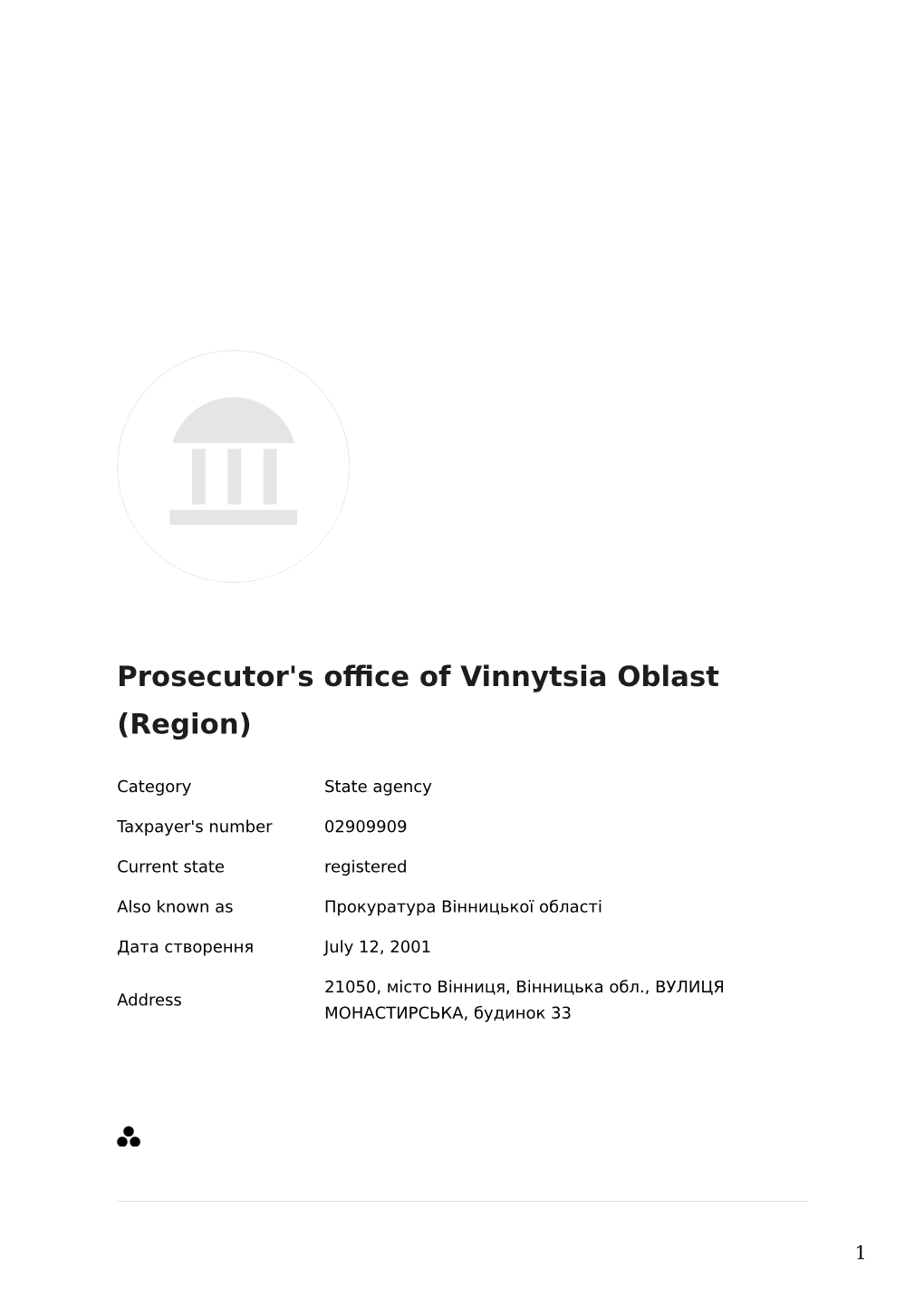 PEP: Prosecutor's Office of Vinnytsia Oblast (Region) (02909909)