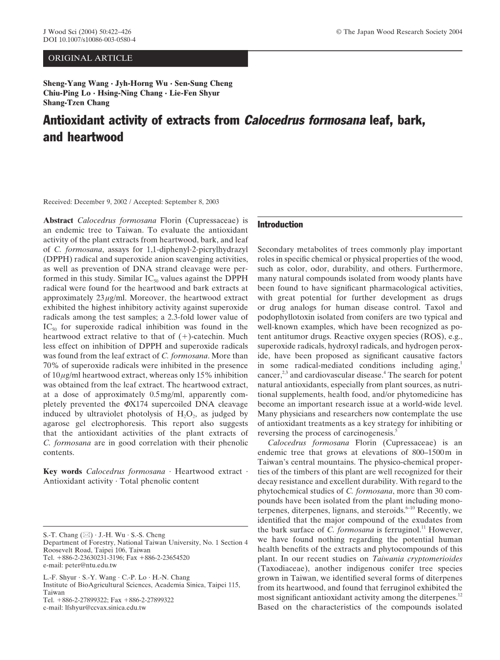 Antioxidant Activity of Extracts from Calocedrus Formosana Leaf, Bark, and Heartwood