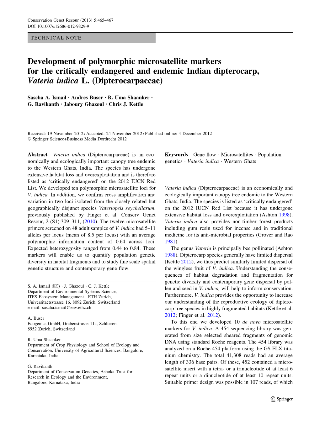 Development of Polymorphic Microsatellite Markers for the Critically Endangered and Endemic Indian Dipterocarp, Vateria Indica L