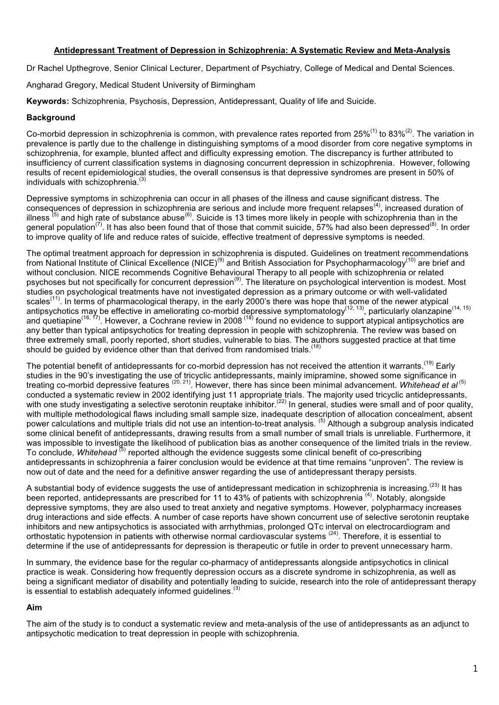 Antidepressant Treatment of Depression in Schizophrenia: a Systematic Review and Meta-Analysis