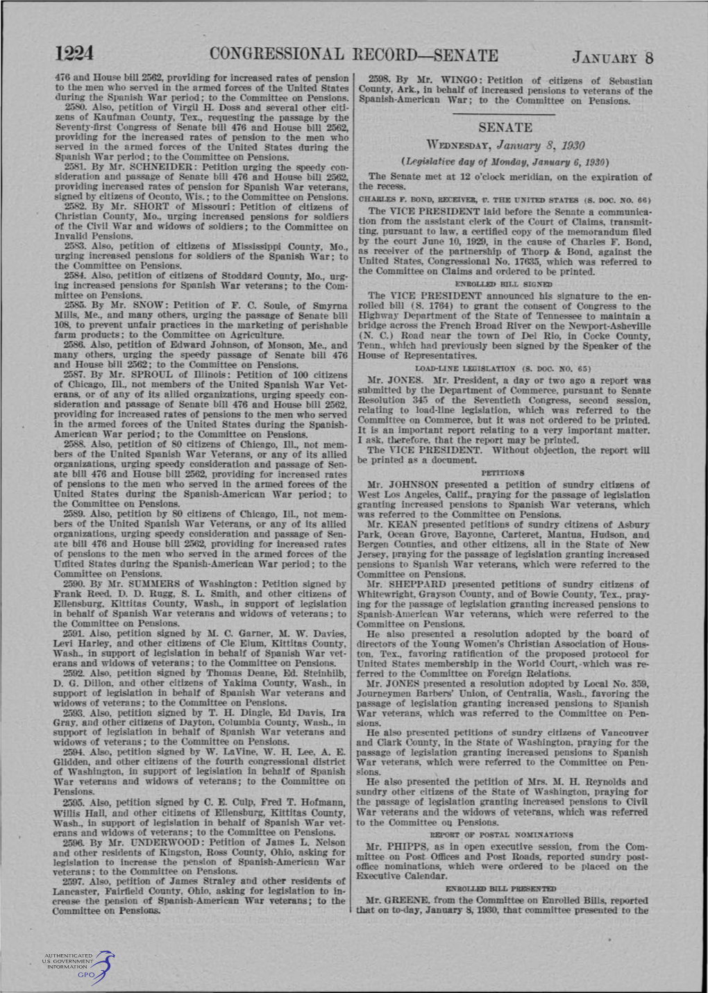 CONGRESSIONAL RECORD-SENATE JANUARY 8 476 and House Bill 2562, Providing for Increased Rates of Pension 2598