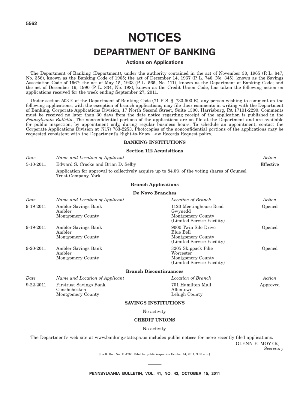 NOTICES DEPARTMENT of BANKING Actions on Applications