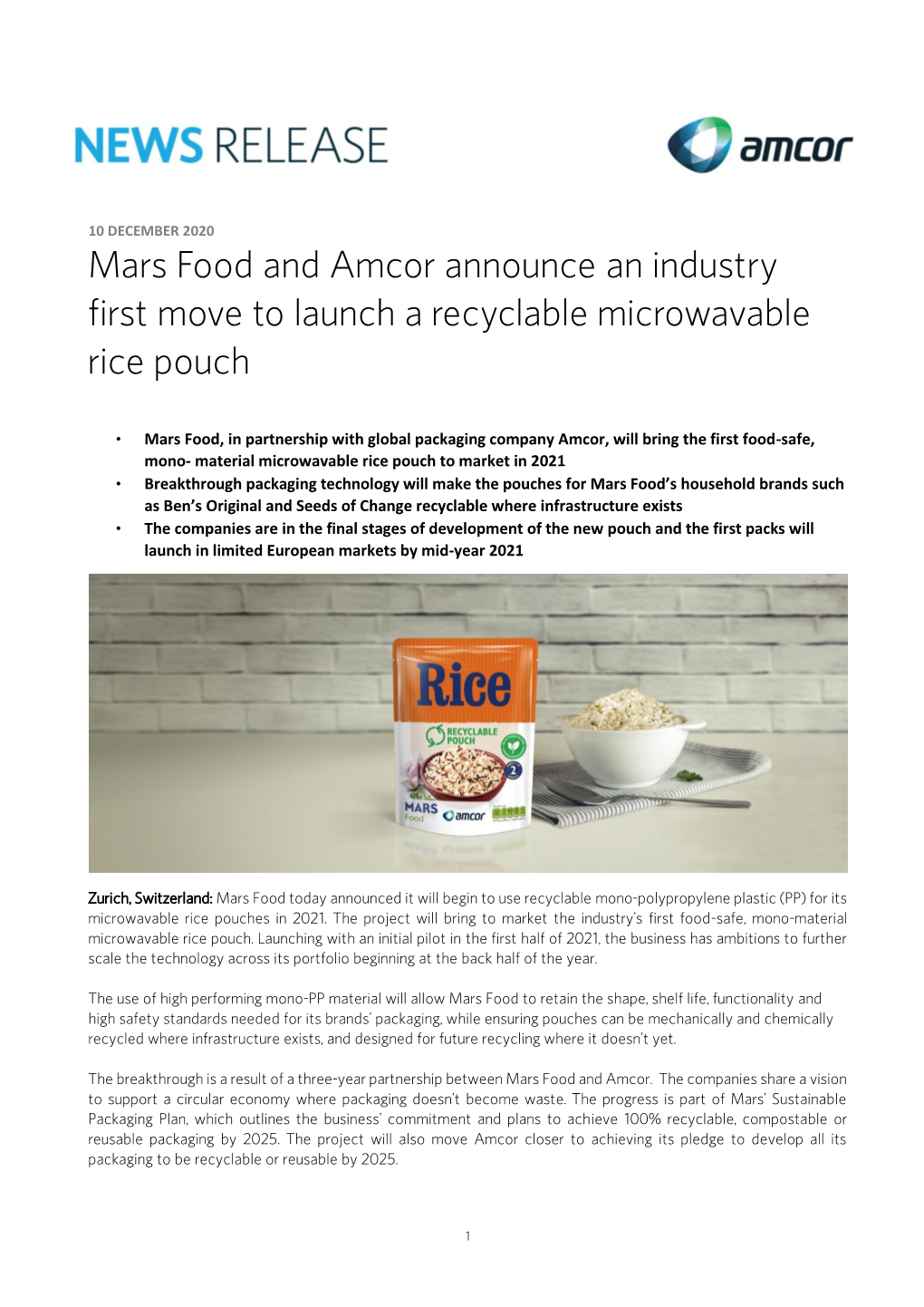 Mars Food and Amcor Announce an Industry First Move to Launch a Recyclable Microwavable Rice Pouch