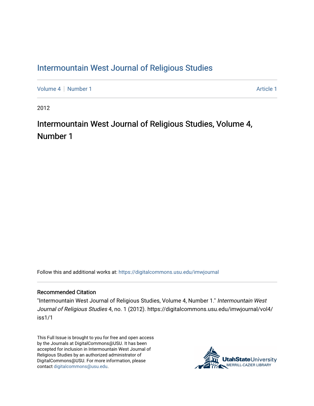 Intermountain West Journal of Religious Studies, Volume 4, Number 1