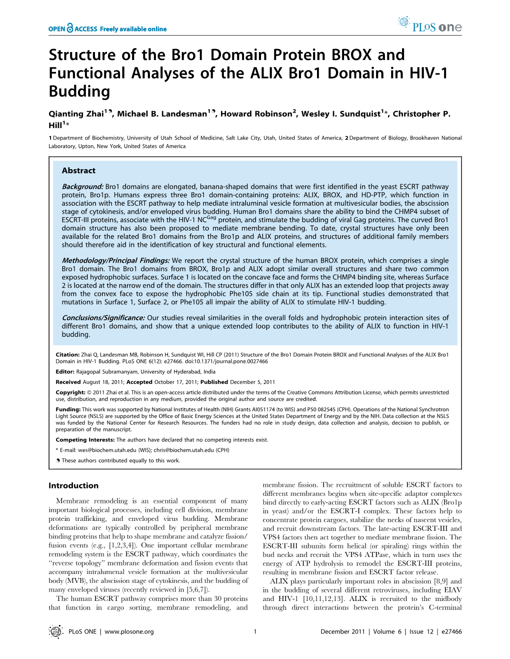 Structure of the Bro1 Domain Protein BROX and Functional Analyses of the ALIX Bro1 Domain in HIV-1 Budding