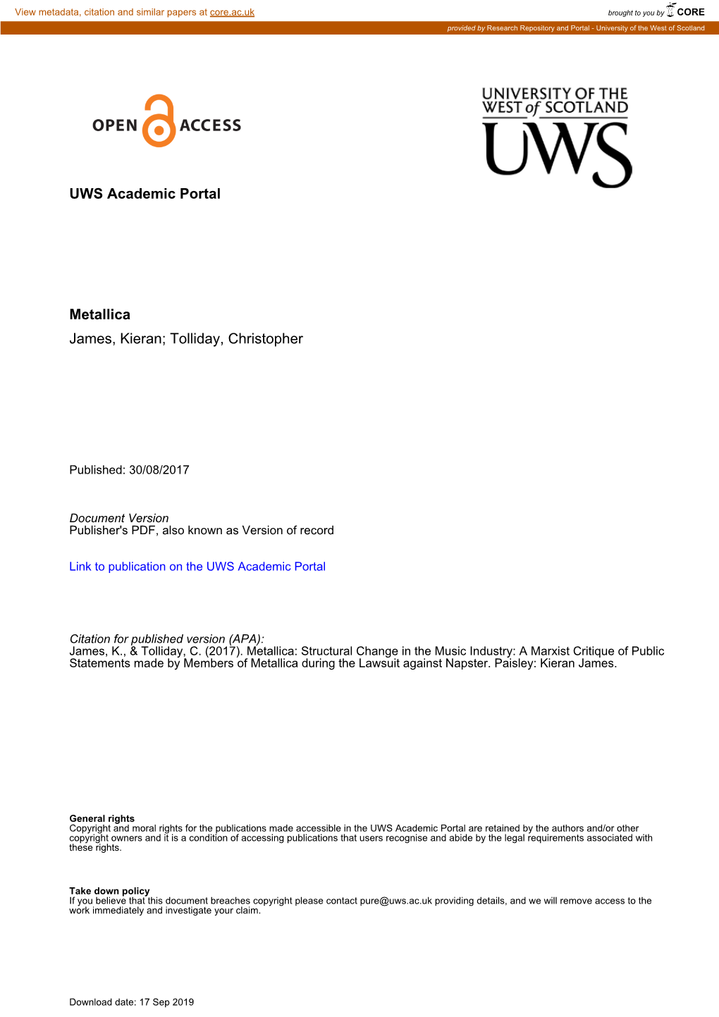 UWS Academic Portal Metallica James, Kieran; Tolliday, Christopher