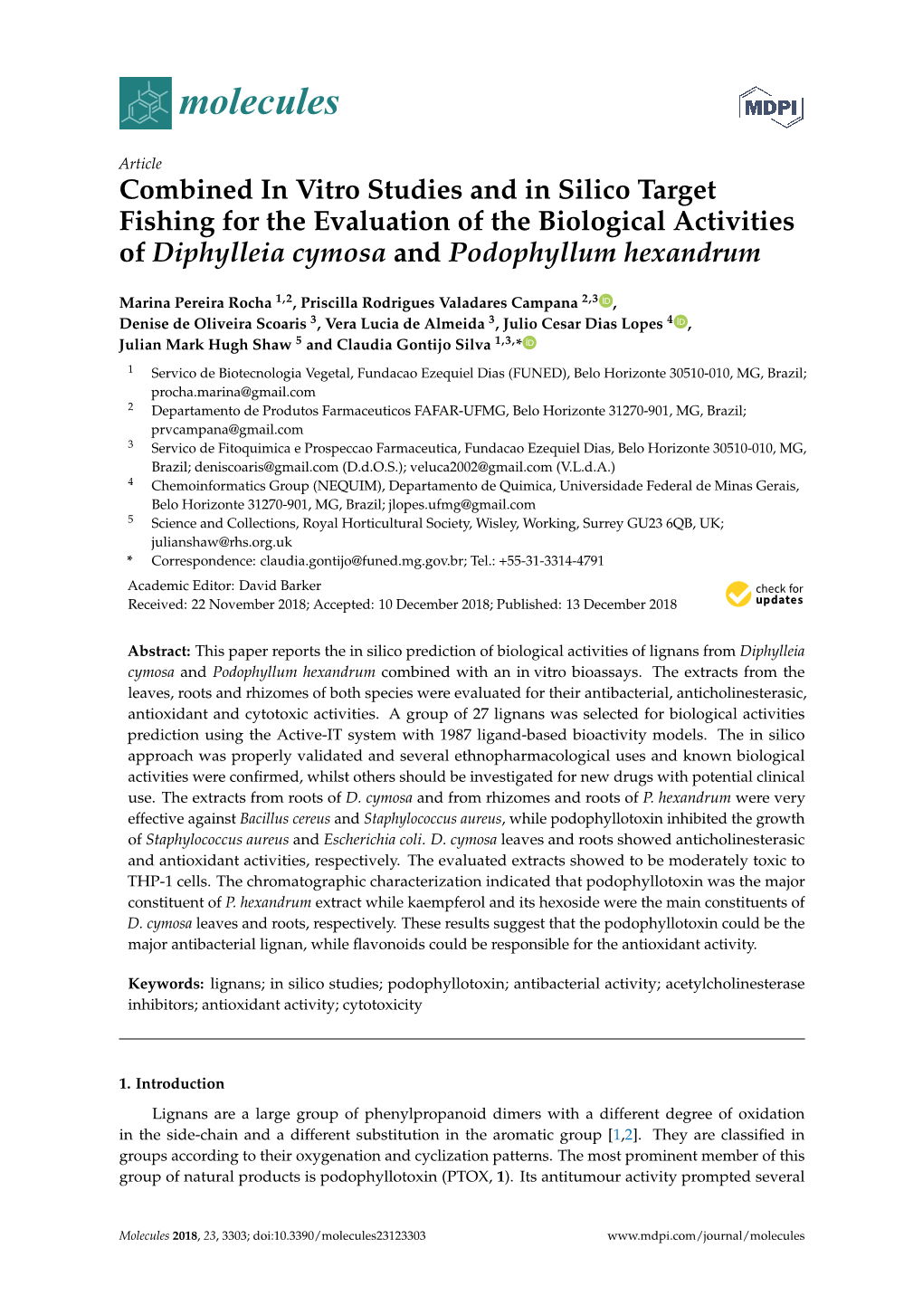 Combined in Vitro Studies and in Silico Target Fishing for the Evaluation of the Biological Activities of Diphylleia Cymosa and Podophyllum Hexandrum