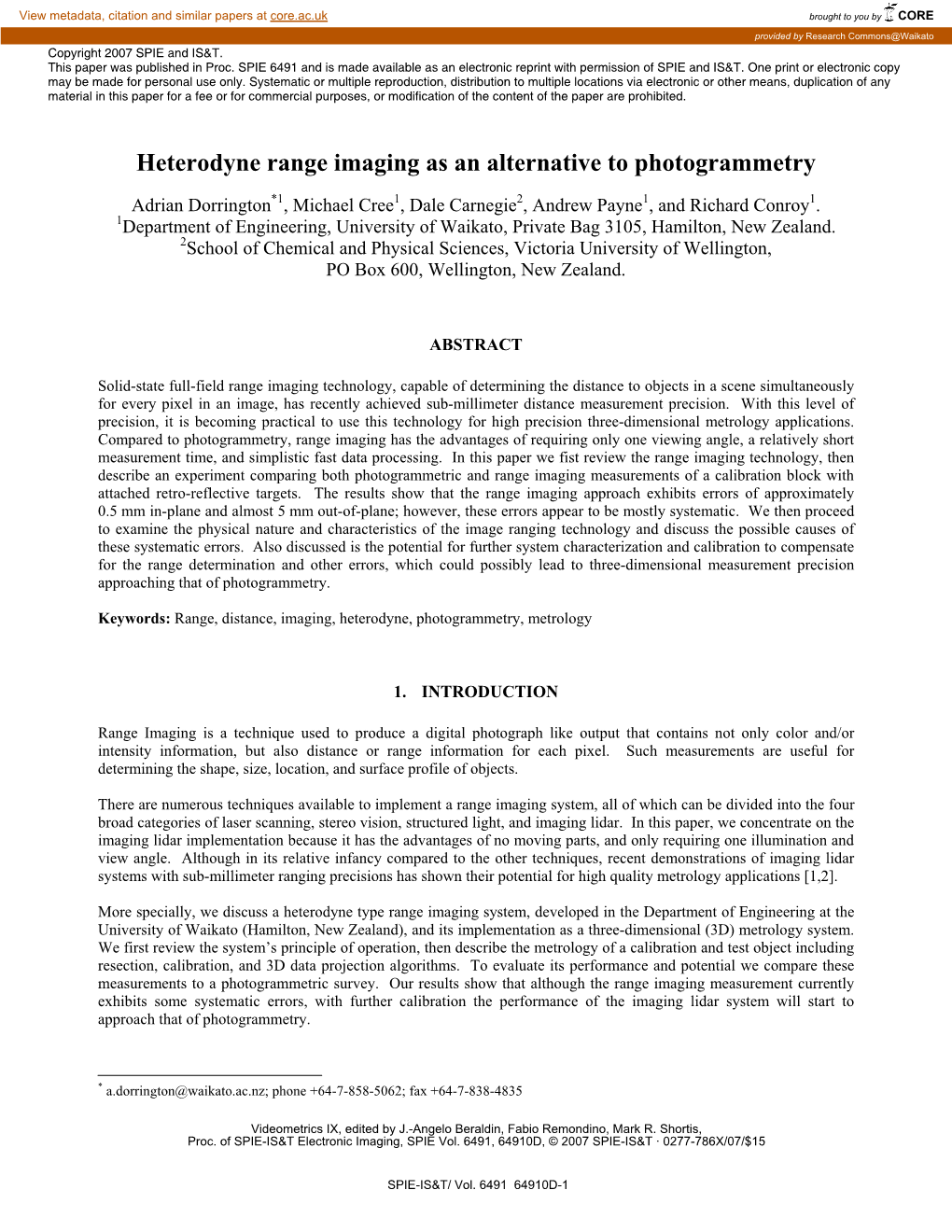 Heterodyne Range Imaging As an Alternative to Photogrammetry