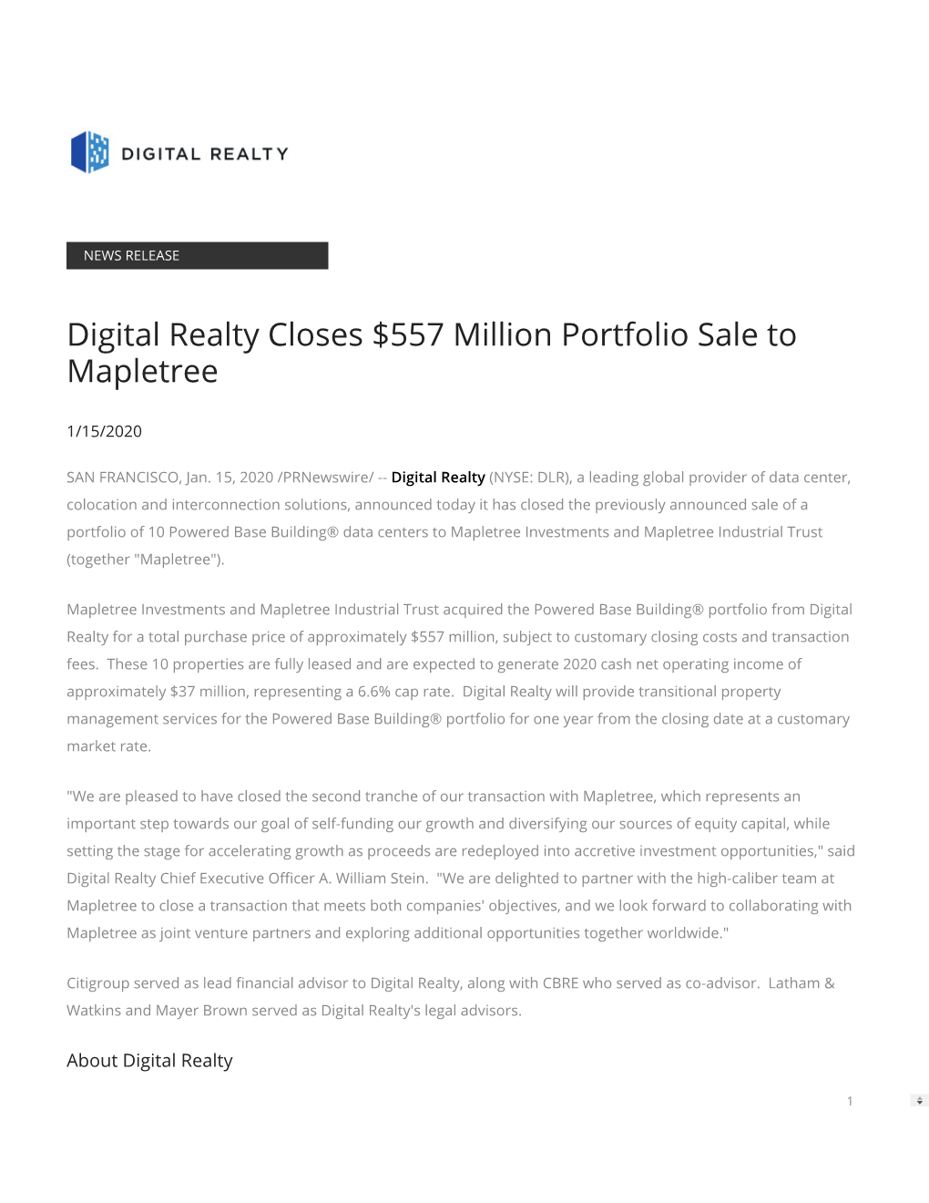 Digital Realty Closes $557 Million Portfolio Sale to Mapletree