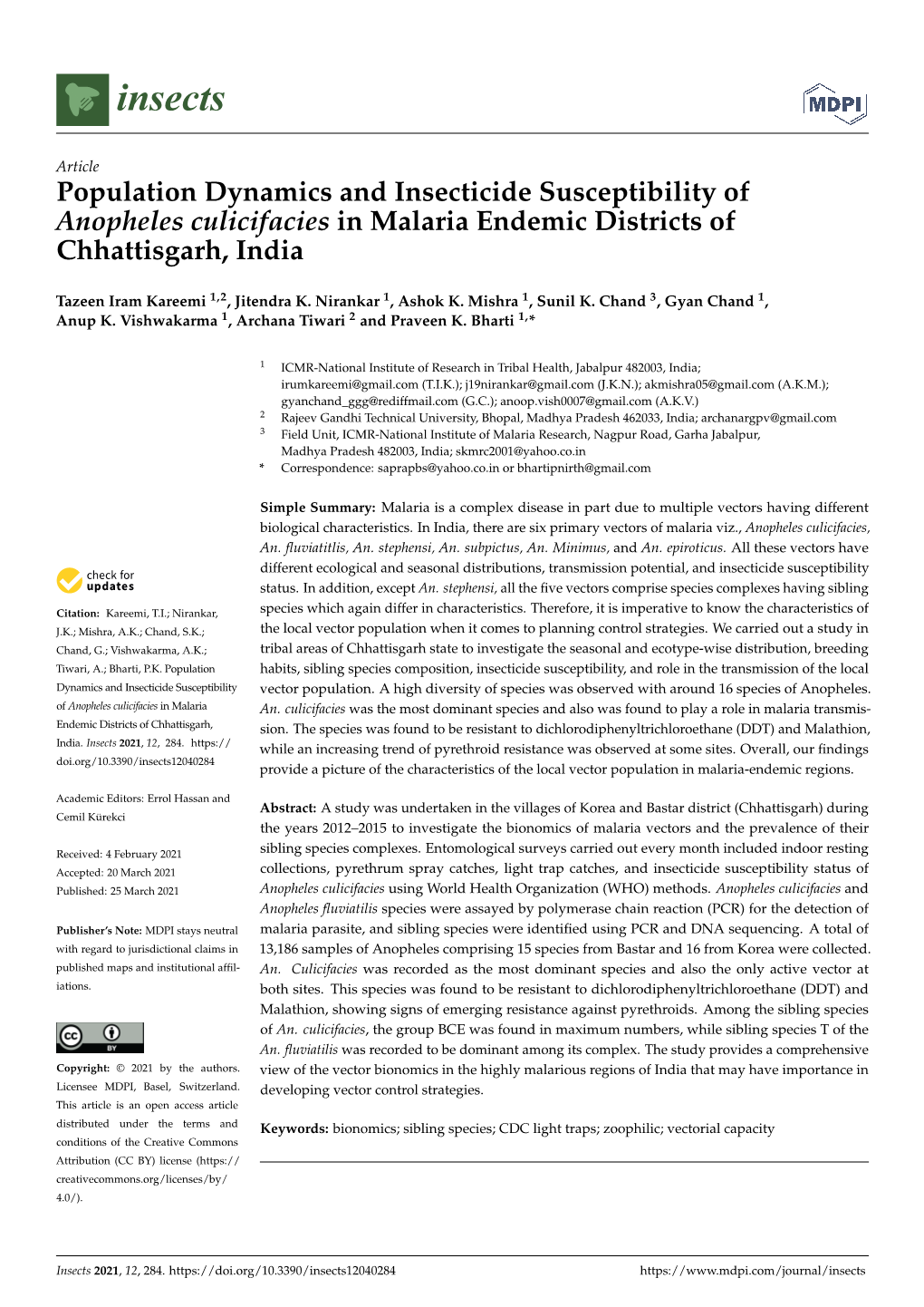 Population Dynamics and Insecticide Susceptibility of Anopheles Culicifacies in Malaria Endemic Districts of Chhattisgarh, India