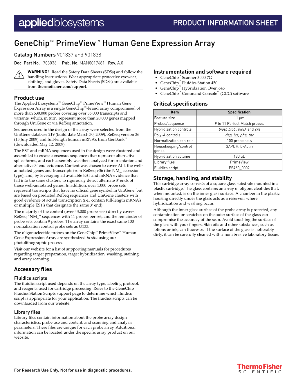 Genechip™ Primeview™ Human Gene Expression Array Catalog Numbers 901837 and 901838 Doc