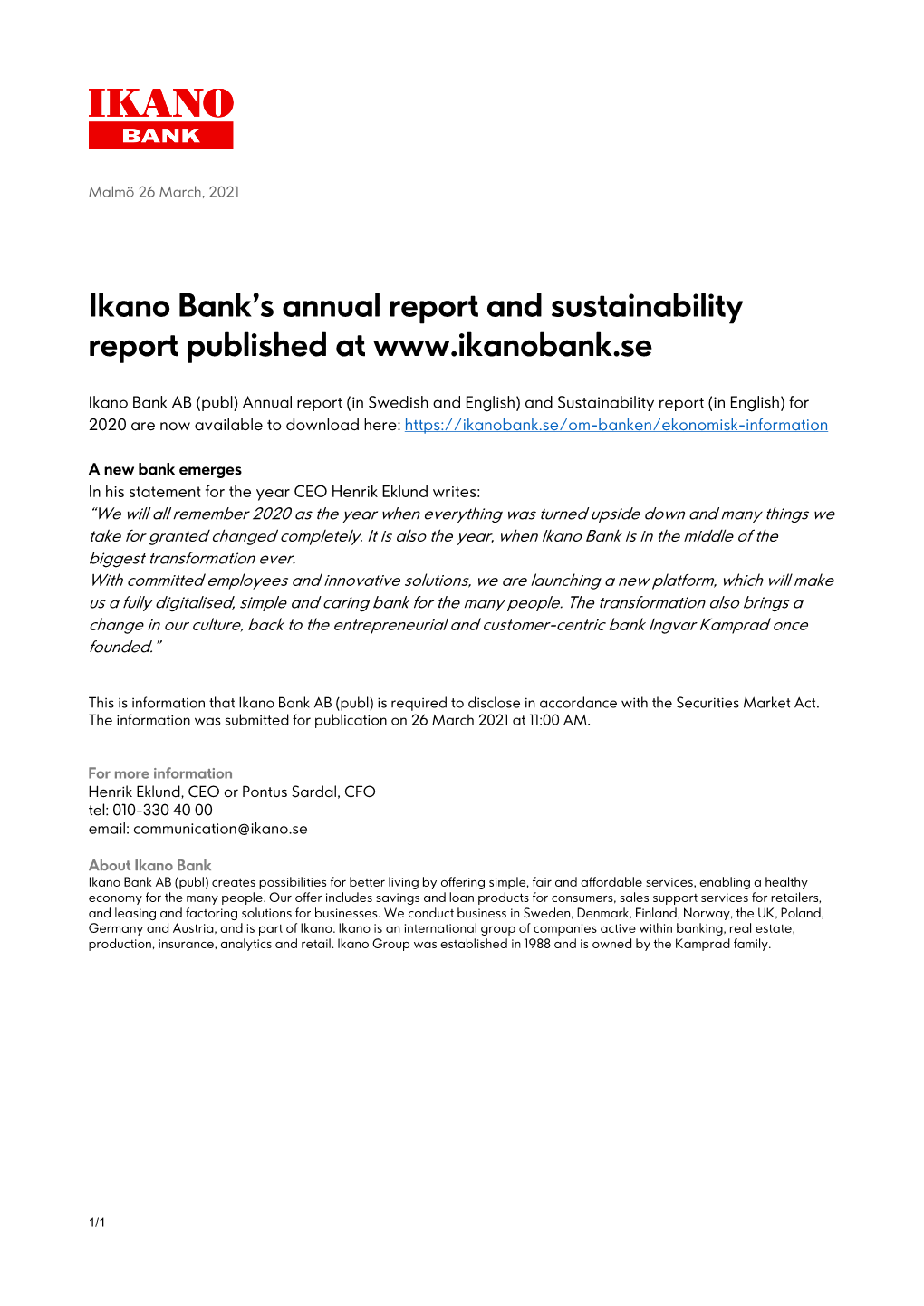 Ikano Bank's Annual Report and Sustainability Report Published At