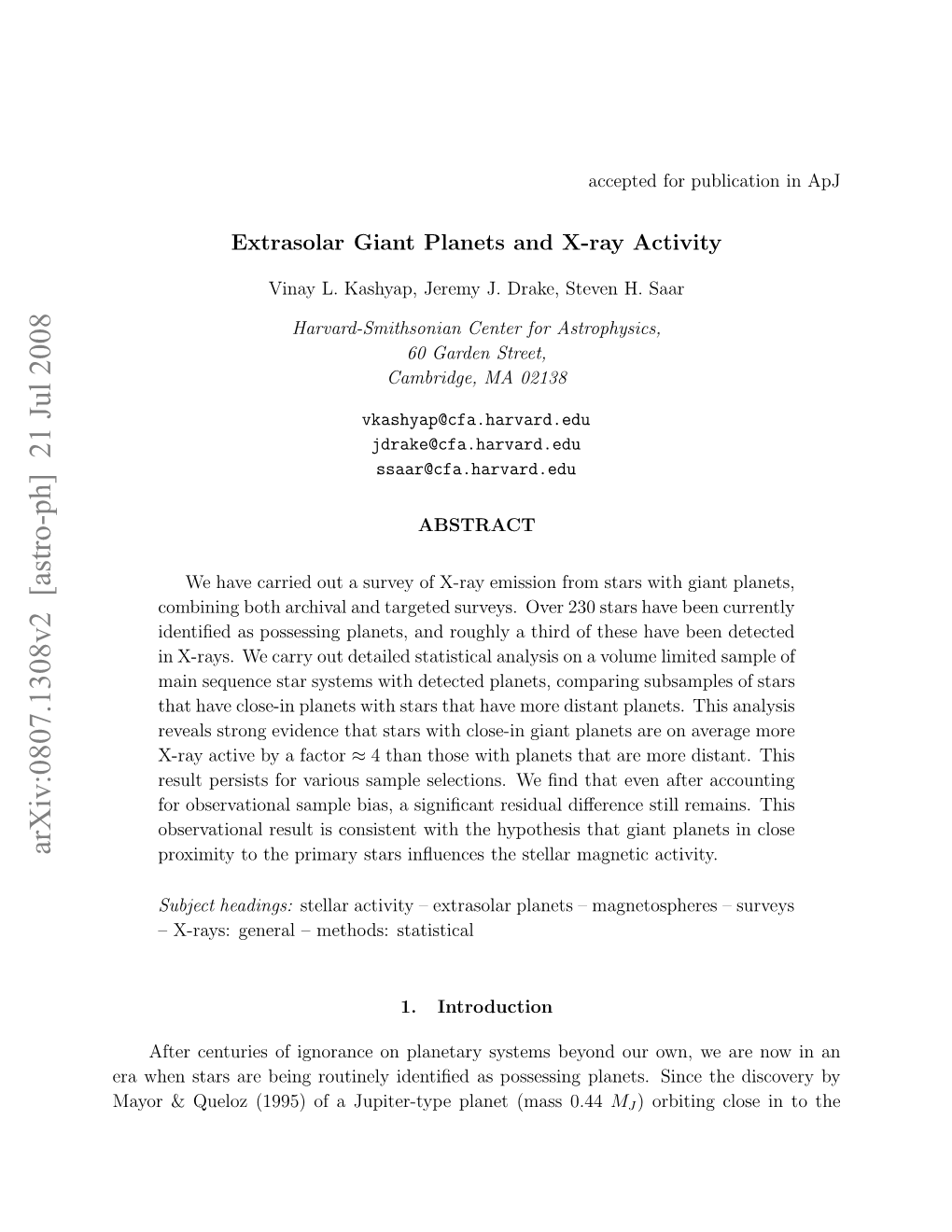 Arxiv:0807.1308V2 [Astro-Ph] 21 Jul 2008 Ao Ulz(95 Fajptrtp Lnt(As0 (Mass Planet Jupiter-Type Planets