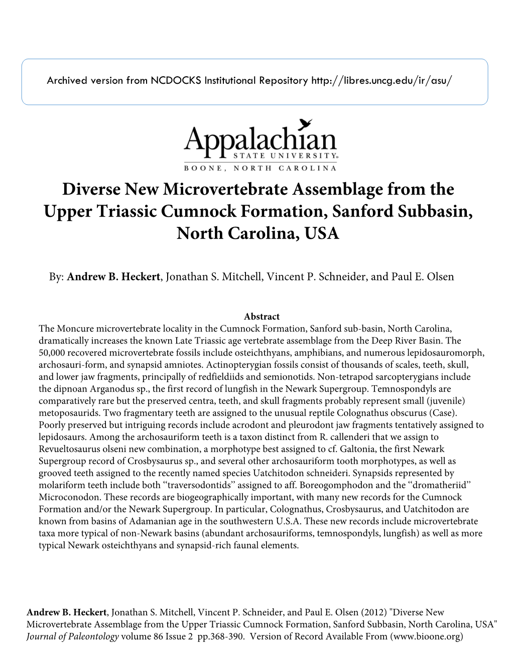 Diverse New Microvertebrate Assemblage from the Upper Triassic Cumnock Formation, Sanford Subbasin, North Carolina, USA