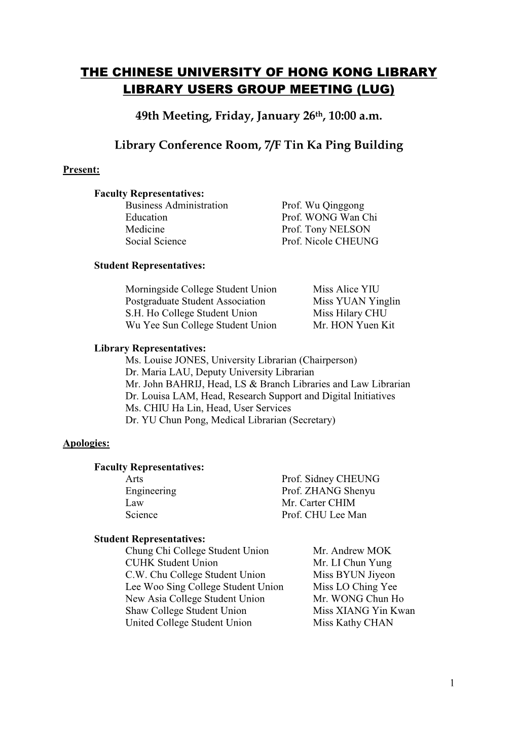 (LUG) 49Th Meeting, Friday, January 26Th, 10:00 Am