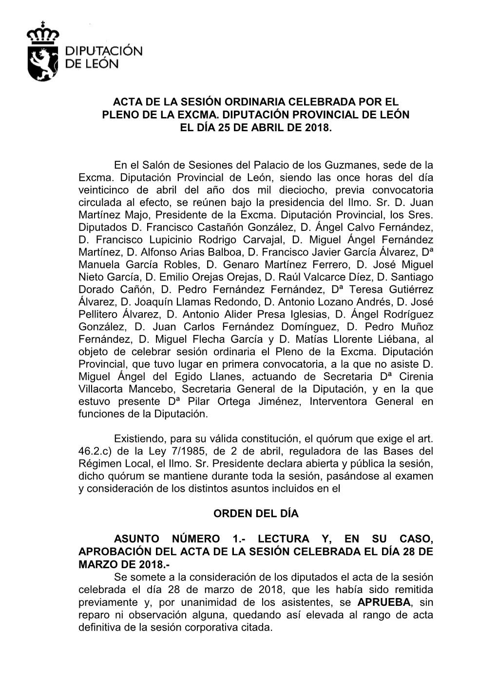 Excma. Diputación Provincial De León El Día 25 De Abril De 2018