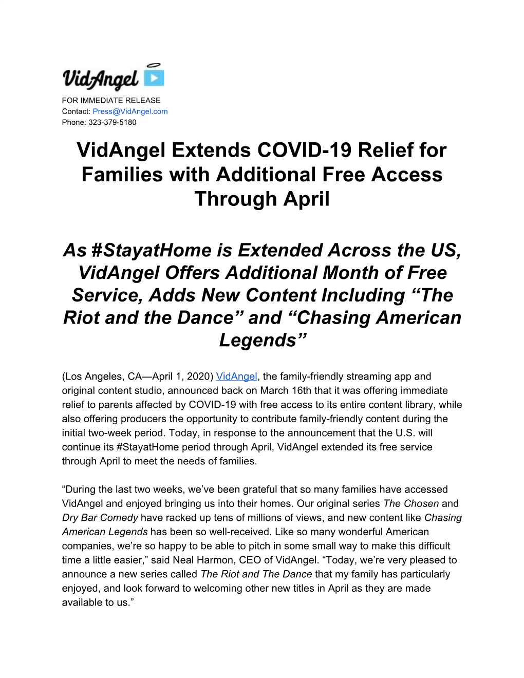 Vidangel Extends COVID-19 Relief for Families with Additional Free Access Through April