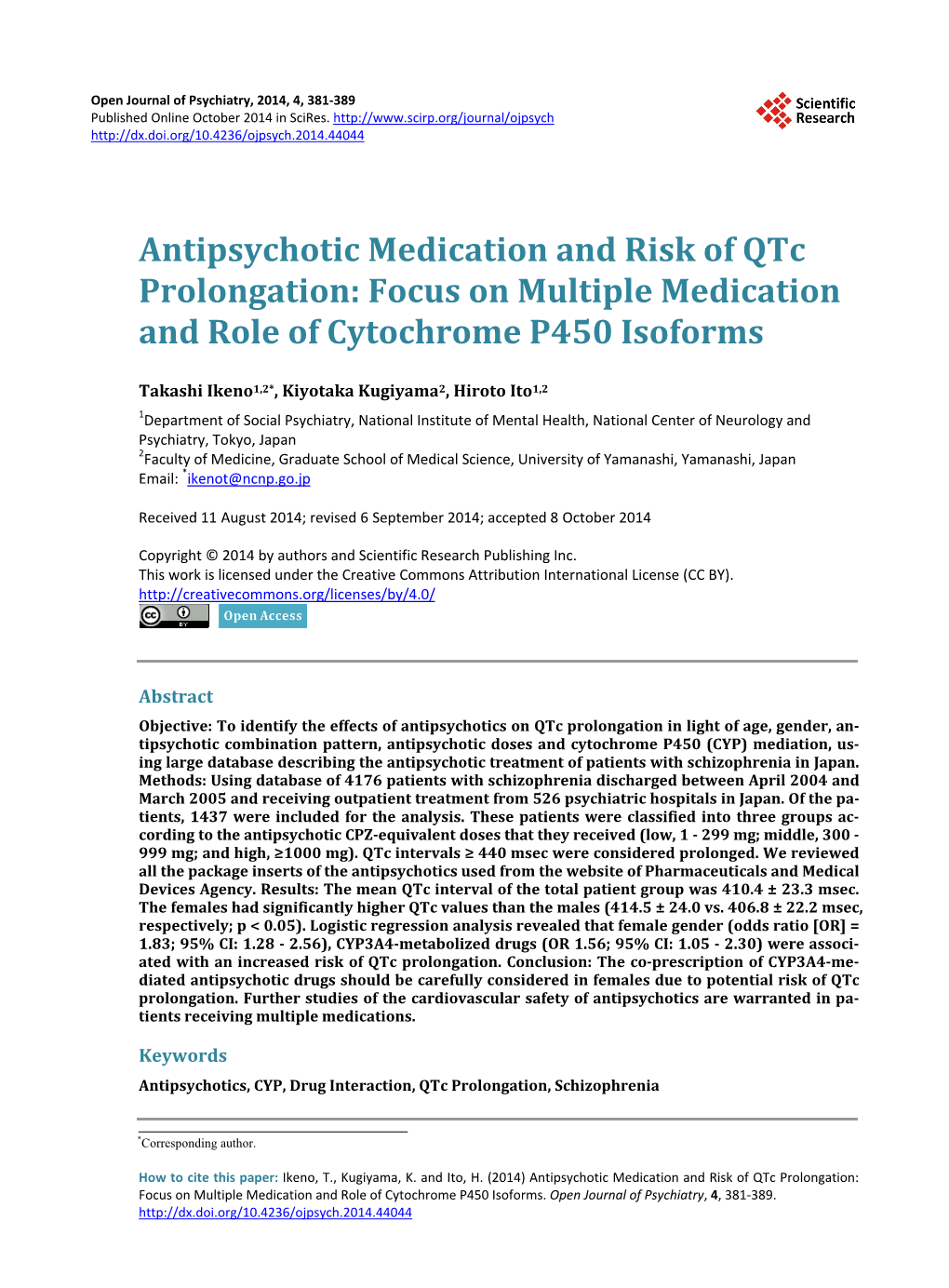 Antipsychotic Medication and Risk of Qtc Prolongation: Focus on Multiple Medication and Role of Cytochrome P450 Isoforms