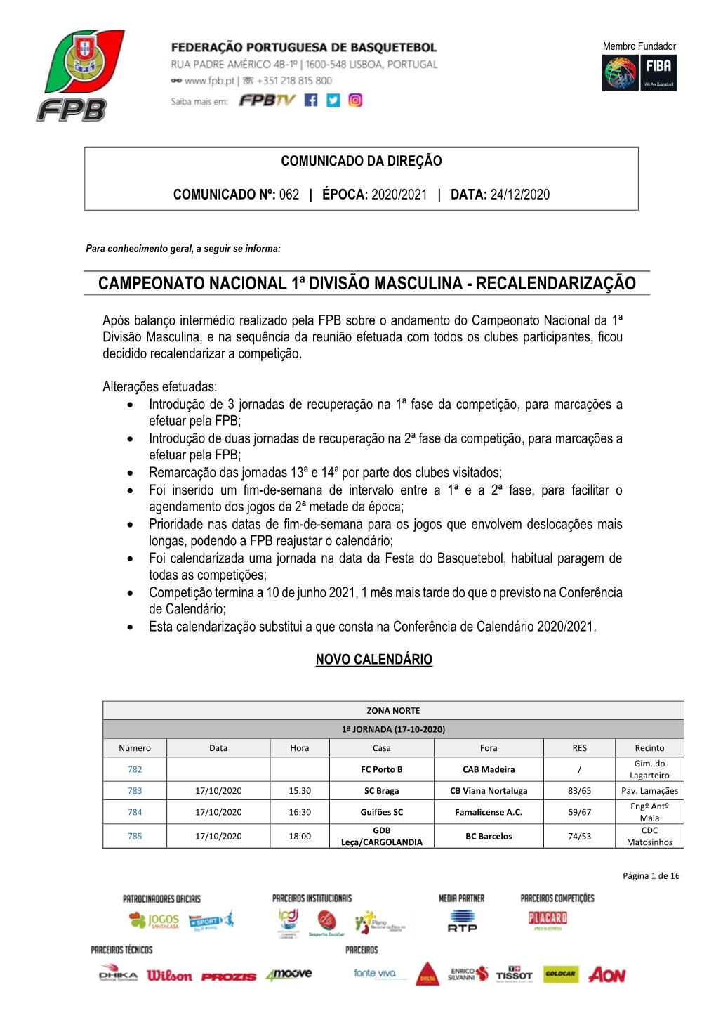 Campeonato Nacional 1ª Divisão Masculina - Recalendarização