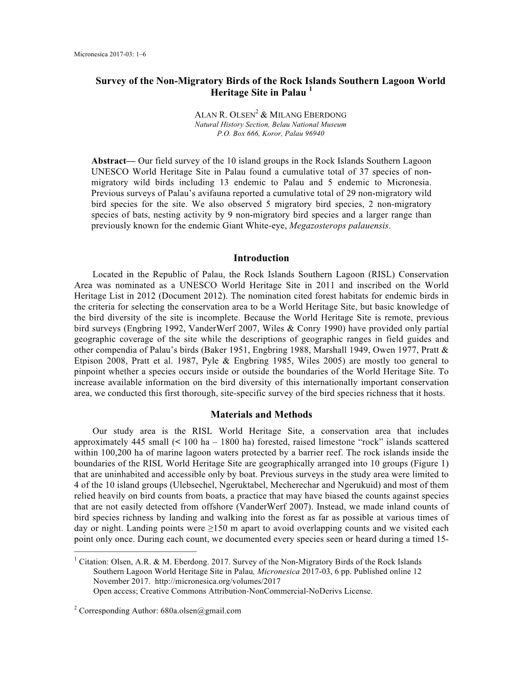 Survey of the Non-Migratory Birds of the Rock Islands Southern Lagoon World Heritage Site in Palau 1 Introduction Materials