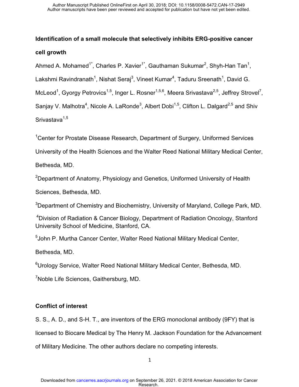 Identification of a Small Molecule That Selectively Inhibits ERG-Positive Cancer Cell Growth