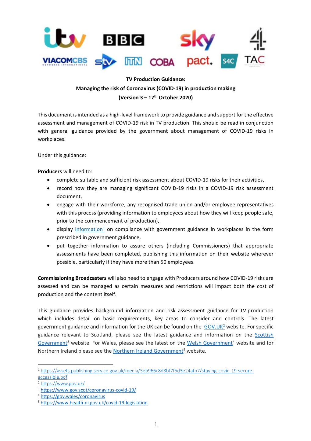 1 TV Production Guidance: Managing the Risk of Coronavirus (COVID-19) in Production Making (Version 3 – 17Th October 2020)