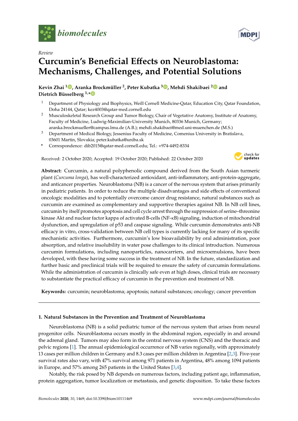 Curcumin's Beneficial Effects on Neuroblastoma