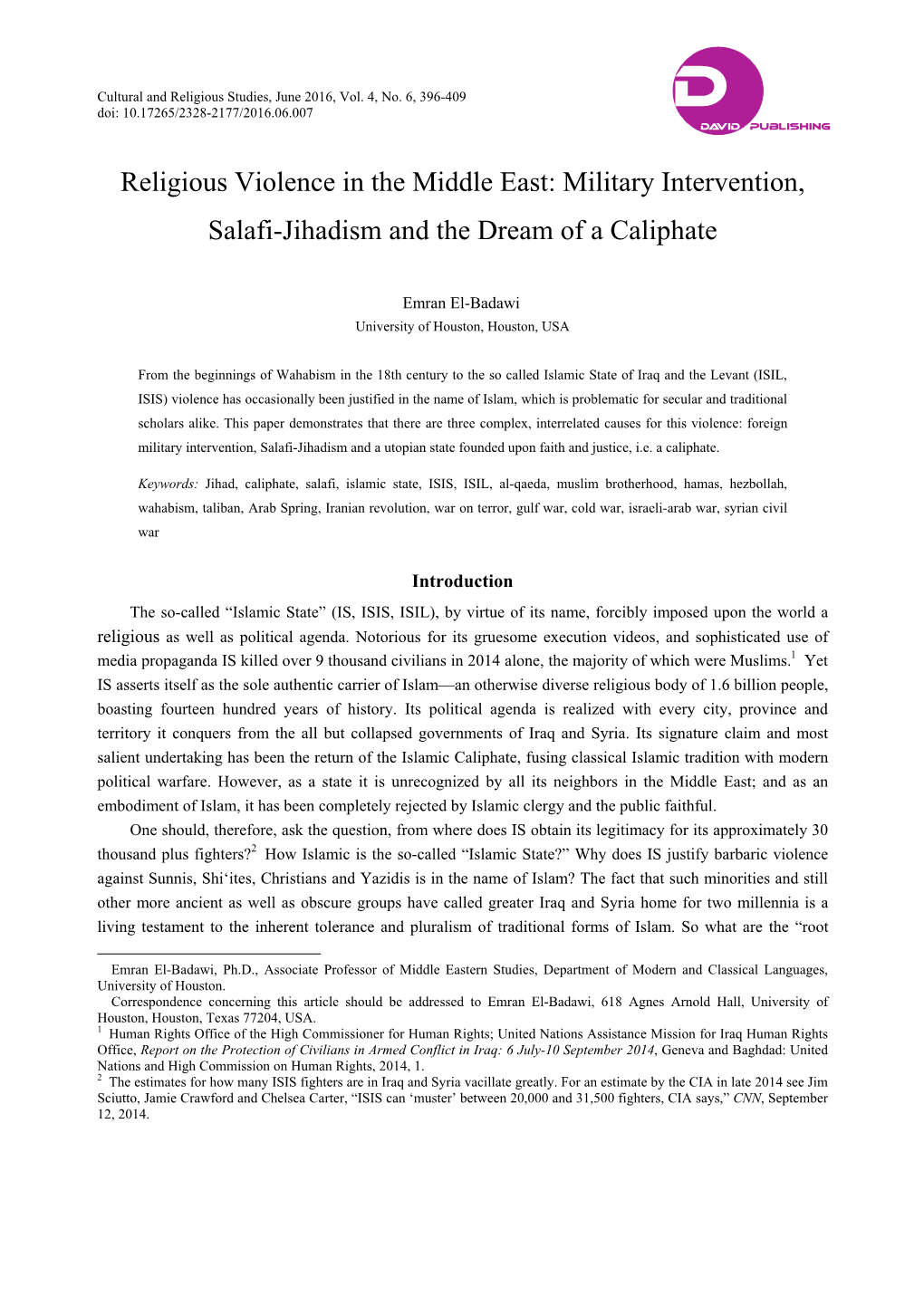 Religious Violence in the Middle East: Military Intervention, Salafi-Jihadism and the Dream of a Caliphate