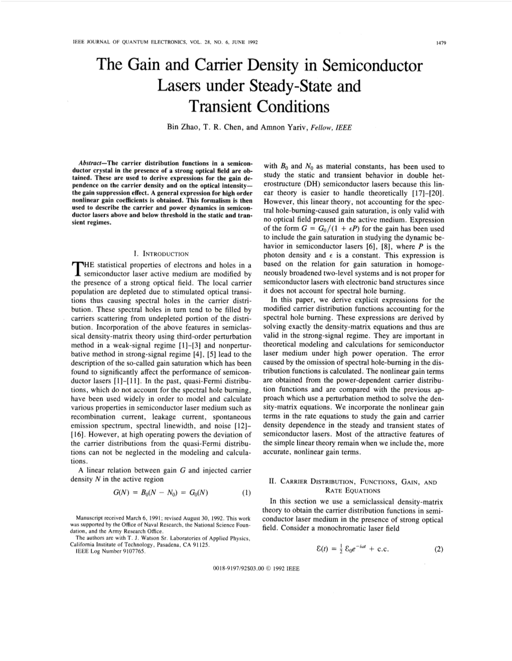 The Gain and Carrier Density in Semiconductor Lasers Under Steady-State and Transient Conditions