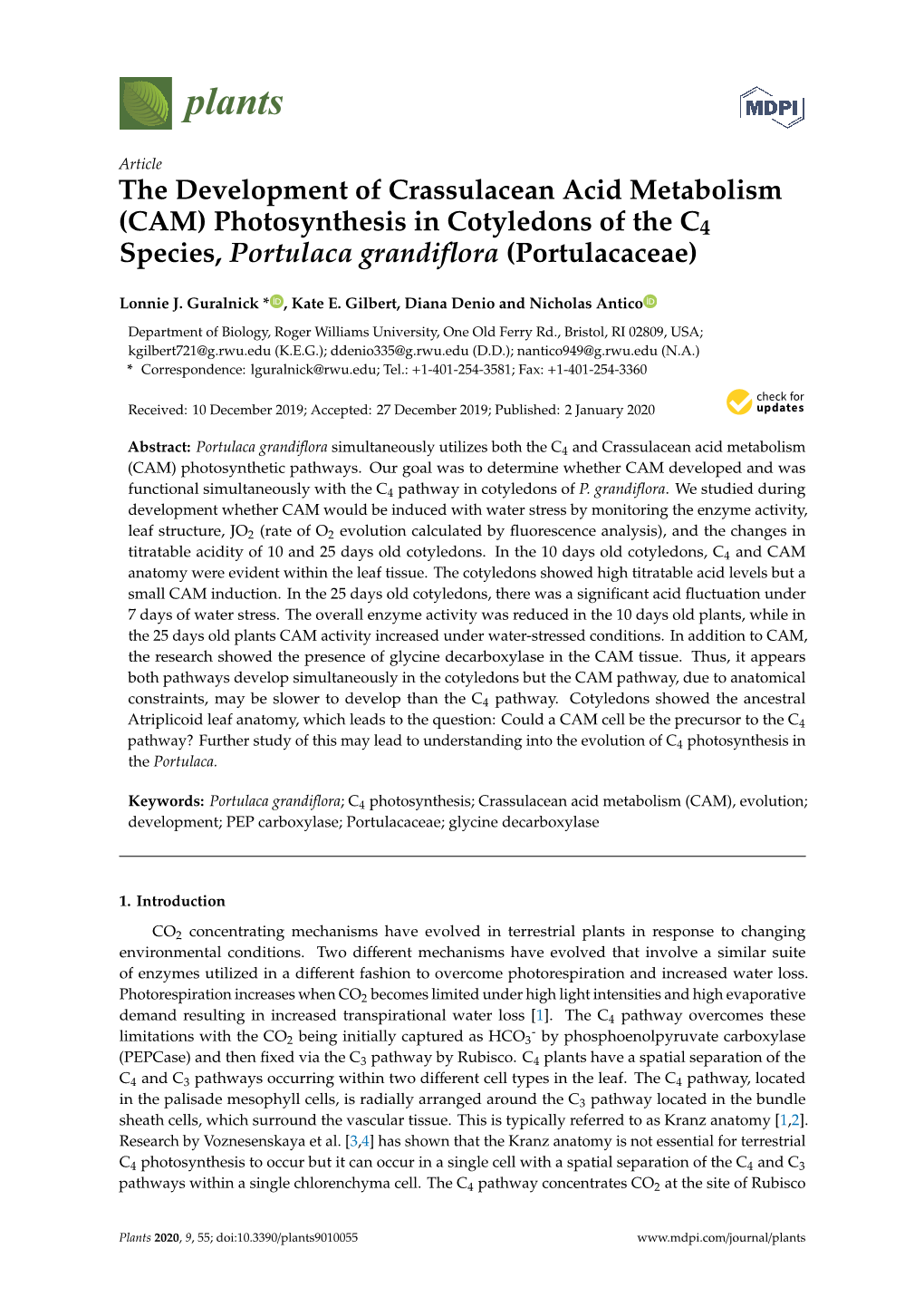 The Development of Crassulacean Acid Metabolism (CAM) Photosynthesis in Cotyledons of the C4 Species, Portulaca Grandiflora (Por