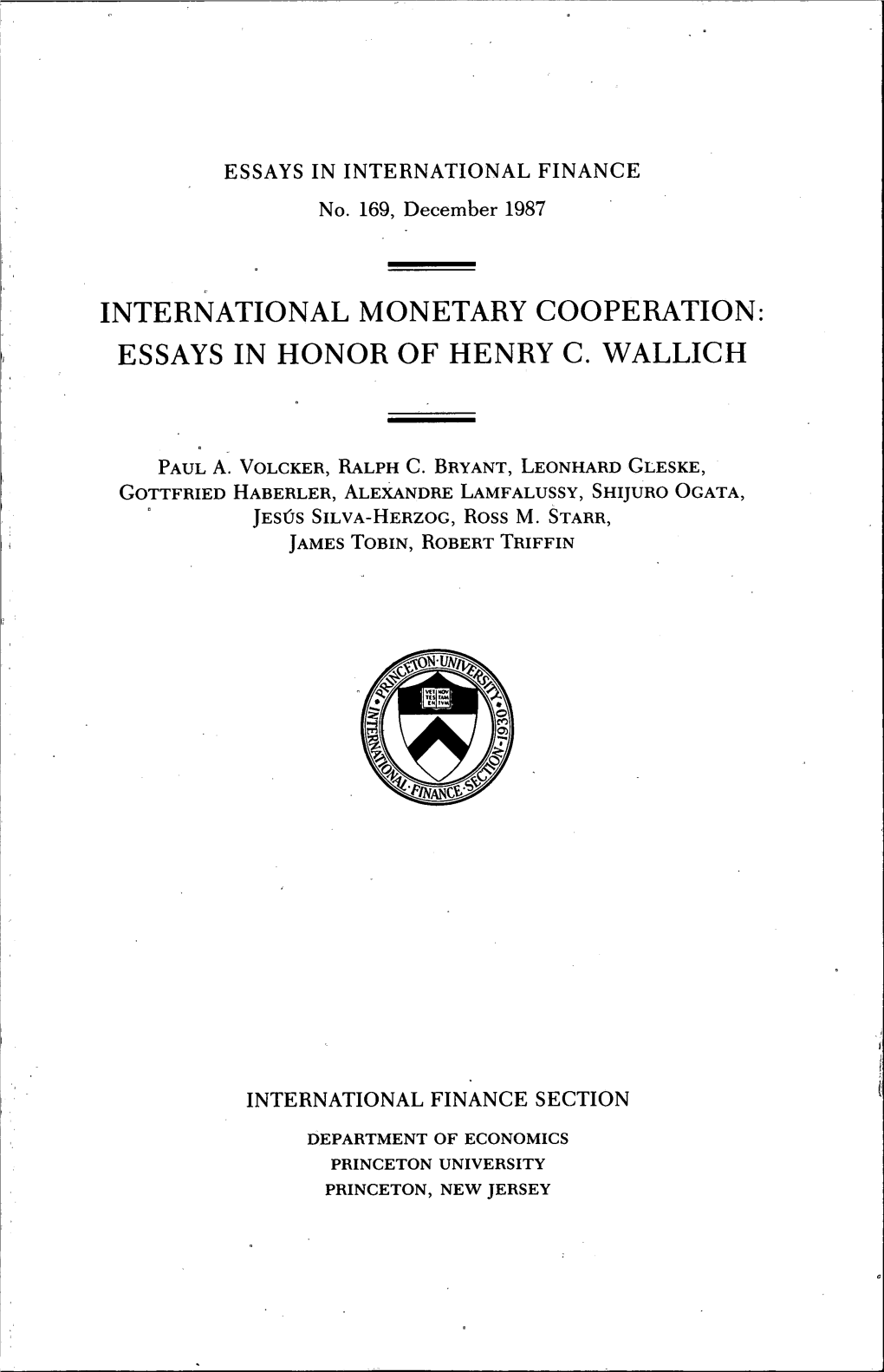 International Monetary Cooperation: Essays in Honor of Henry C