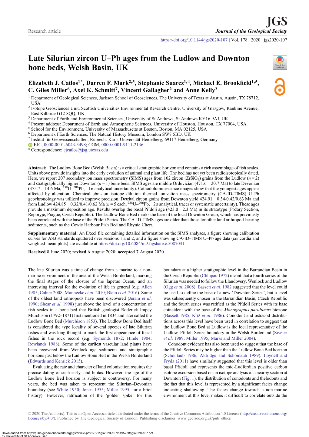 Late Silurian Zircon U–Pb Ages from the Ludlow and Downton Bone Beds, Welsh Basin, UK