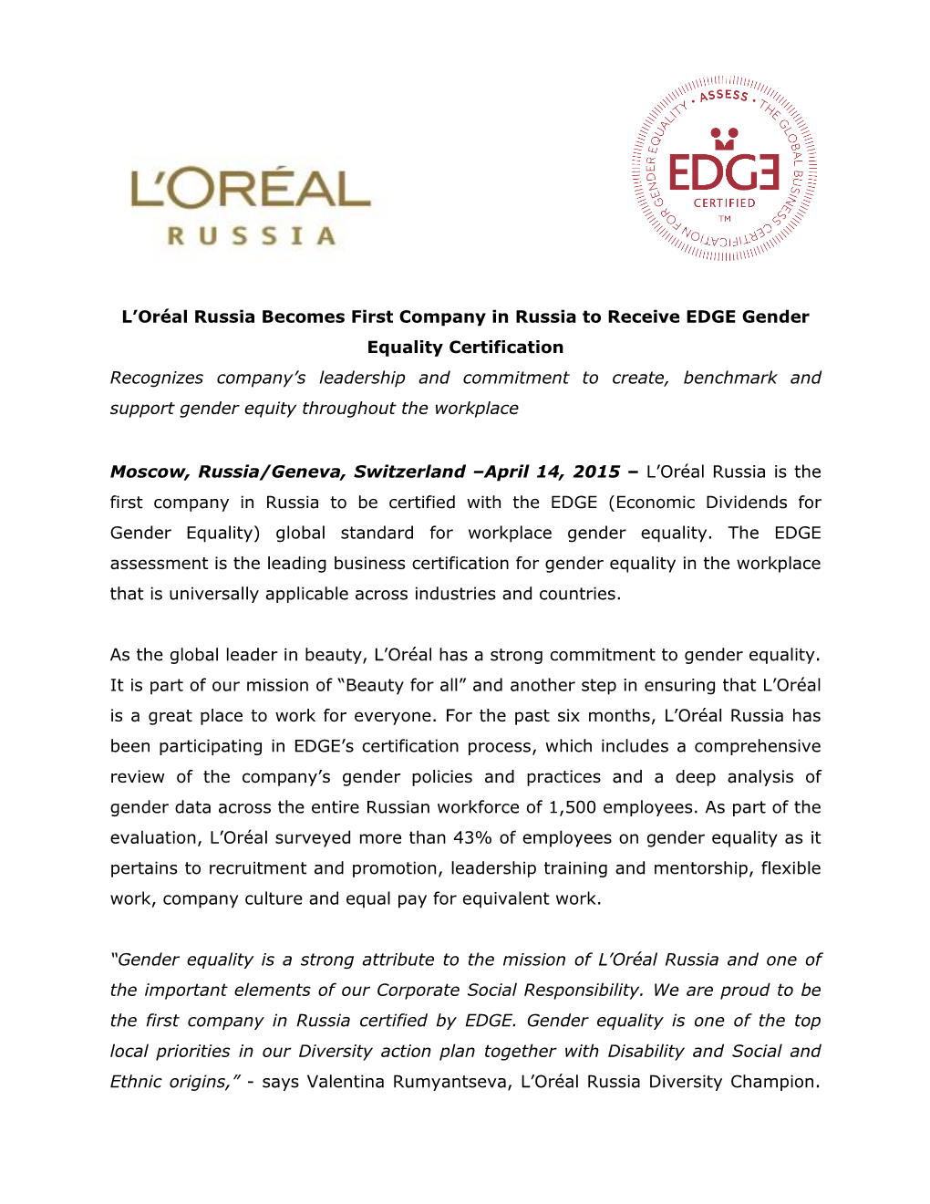 L'oréal Russia Becomes First Company in Russia to Receive EDGE