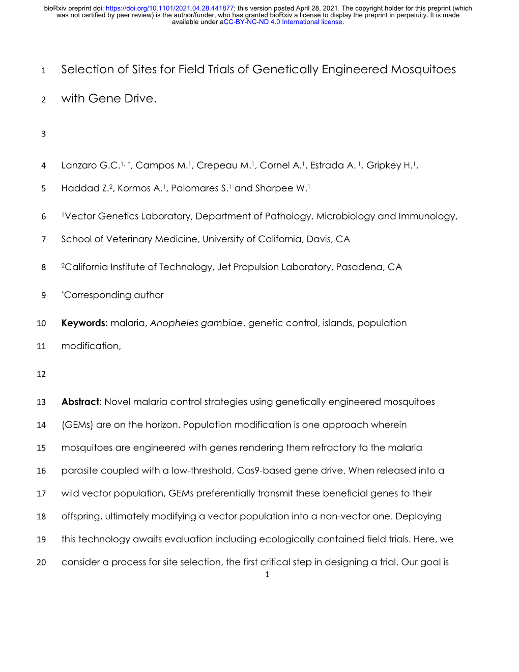 Selection of Sites for Field Trials of Genetically Engineered Mosquitoes