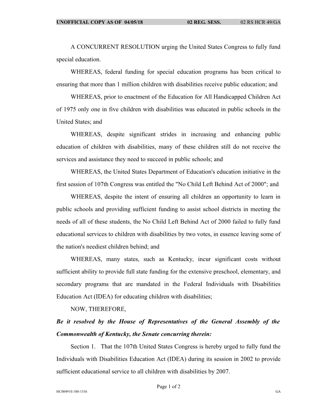 A CONCURRENT RESOLUTION Urging the United States Congress to Fully Fund Special Education